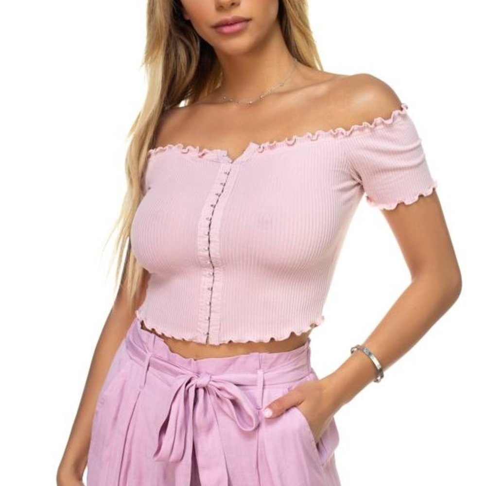 Hook & Eye Ribbed Off The Shoulder Top